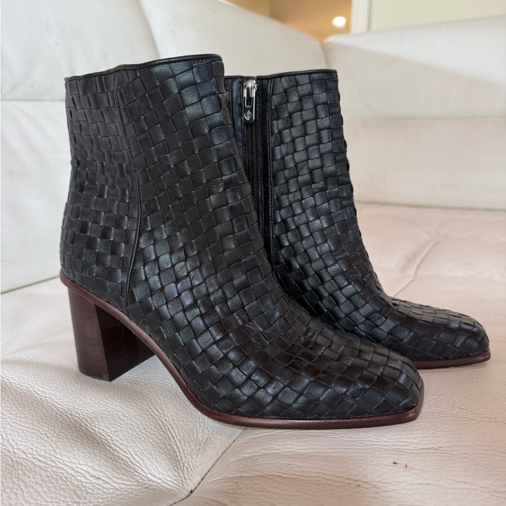 ANTONIO MELANI Black Woven Leather Ankle Boots